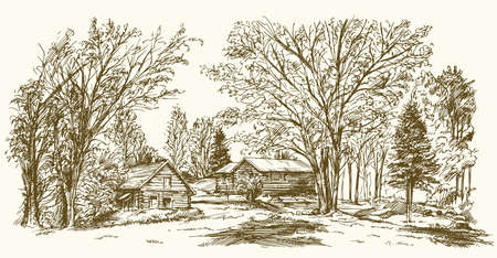 Vintage landscape, New England farm, hand drawn vector illustration.のイラスト素材