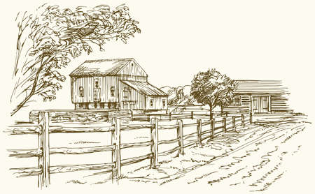 Vintage landscape, New England farm, hand drawn vector illustration.のイラスト素材