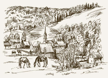 Vintage view of New England farm with horses and cows, hand drawn vector illustration.のイラスト素材