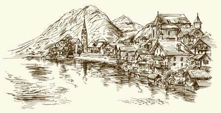 Austria, rural village. Hand drawn illustration.のイラスト素材
