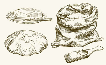 Back with flour and scoop, bread and butter. Hand drawn set.のイラスト素材