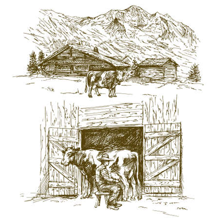 Cow grazing, farmer milking a cow.のイラスト素材