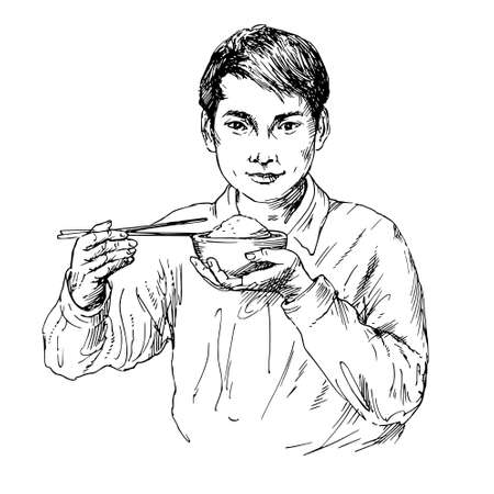Young asian man eating rice with chopsticks.のイラスト素材