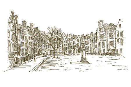 Amsterdam houses. Buildings standing in row. Hand drawn illustration.のイラスト素材