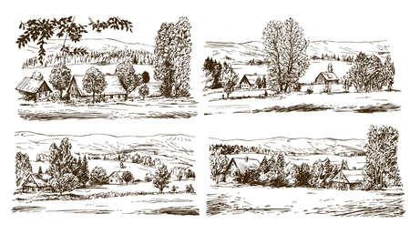 Rural landscape. Hand drawn set.のイラスト素材