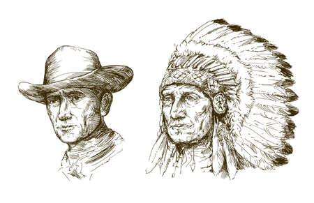 Portrait of american indian chief and cowboy.