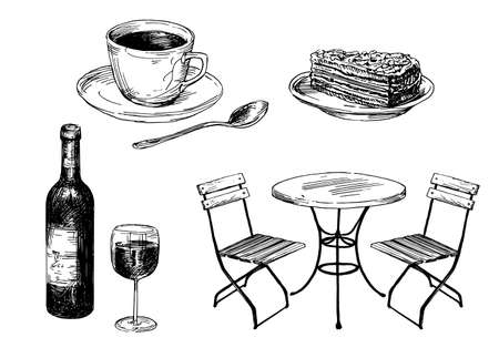 Old fashioned cafe furniture, coffee and cake.のイラスト素材