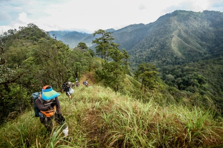 trekker on mountain from nothern of thailand walk like another trkker teamの写真素材