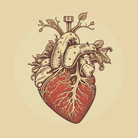 Human heart with veins and arteries. Vector illustration in vintage style.のイラスト素材