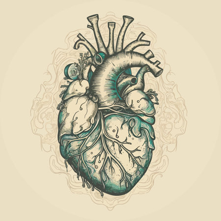 Human heart with veins and arteries. Vector illustration in vintage style.のイラスト素材
