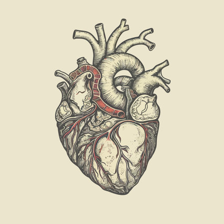 Human heart with veins and arteries. Vector illustration in vintage style.のイラスト素材