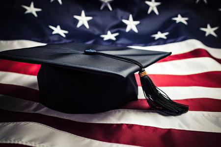 A graduation cap on the American flagの写真素材