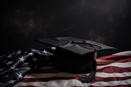 A graduation cap on the American flagの写真素材