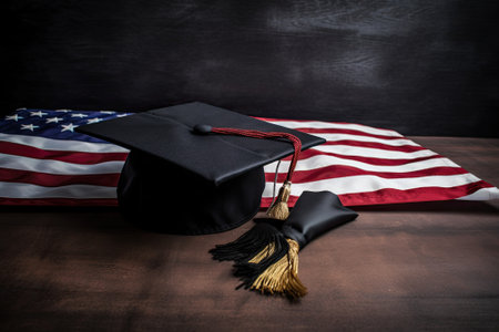 A graduation cap on the American flagの写真素材