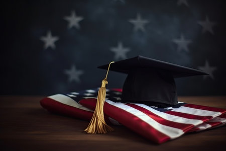 A graduation cap on the American flagの写真素材