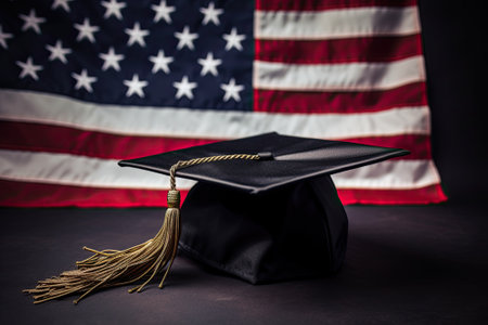 A graduation cap on the American flagの写真素材