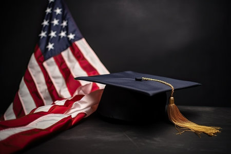 A graduation cap on the American flagの写真素材