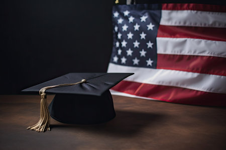 A graduation cap on the American flagの写真素材