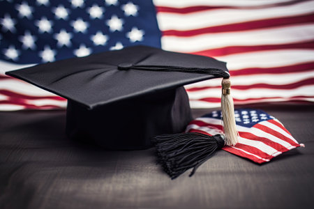 A graduation cap on the American flagの写真素材