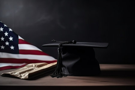 A graduation cap on the American flagの写真素材
