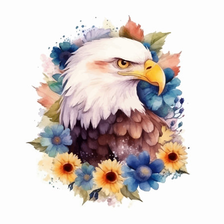 A watercolor illustration of an eagle with flowersのイラスト素材