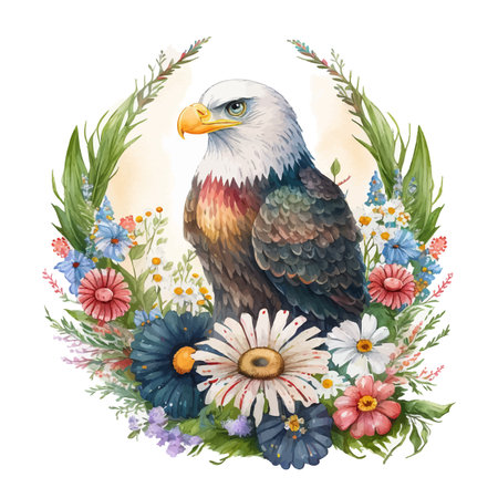 A watercolor illustration of an eagle with flowersのイラスト素材
