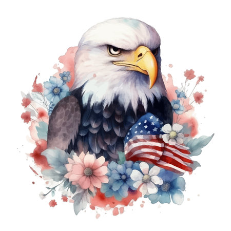 Watercolor illustration of an eagle with a american flagのイラスト素材