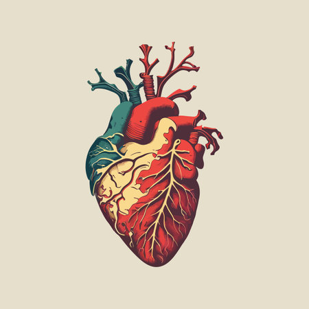 Human heart with veins and arteries. Vector illustration in vintage style.のイラスト素材