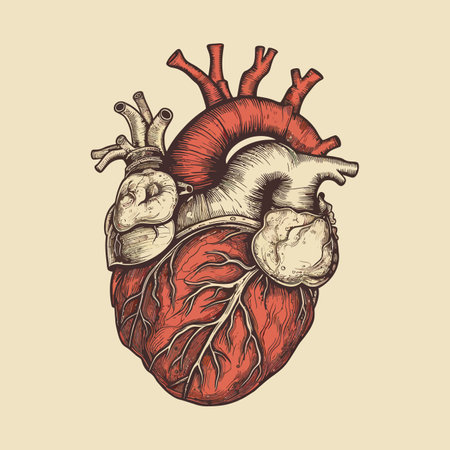 Human heart with veins and arteries. Vector illustration in vintage style.のイラスト素材