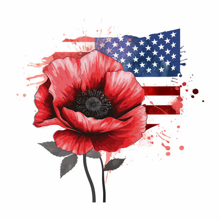 Beautiful watercolor illustration Poppy flower and American flag isolated on white backgroundのイラスト素材