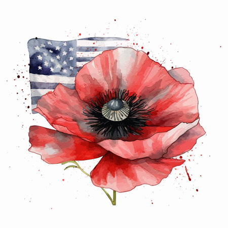 Beautiful watercolor illustration Poppy flower and American flag isolated on white backgroundのイラスト素材