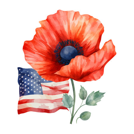 Beautiful watercolor illustration Poppy flower and American flag isolated on white backgroundのイラスト素材