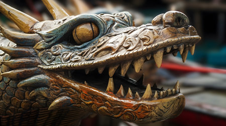 A wooden dragon head of dragon boat, chinese festival. Close up.の素材