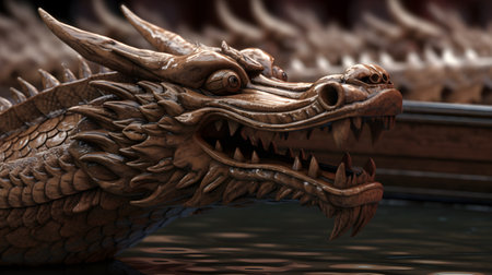A wooden dragon head of dragon boat, chinese festival. Close up.の素材