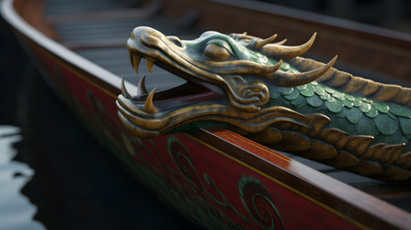 A wooden dragon head of dragon boat, chinese festival. Close up.の素材