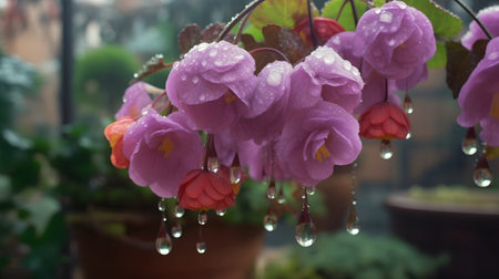 A close up of a beautiful lavender bulbous begonia flowers with raindrops on background, stock photoの写真素材