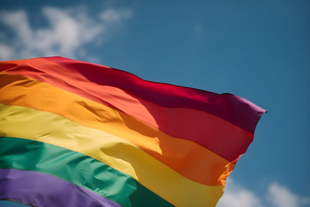 A rainbow flag waving in the wind against a blue sky with cloudsの写真素材