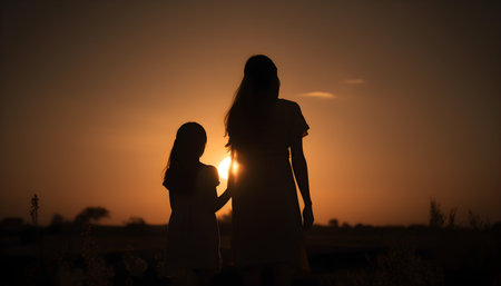 Silhouette of a mother and daughter watch the sunset in the desert fieldの素材