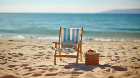 A beach chair on the sand with blue sky background. on a sunny dayの素材