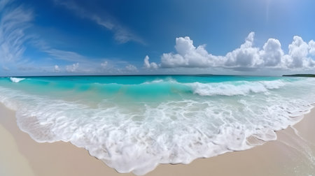 Panorama of beautiful beach with turquoise water and white sand with a blue sky and white cloudsの素材