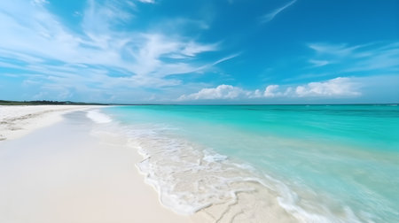 Panorama of beautiful beach with turquoise water and white sand with a blue sky and white cloudsの素材