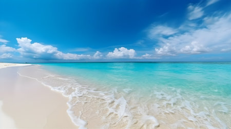 Panorama of beautiful beach with turquoise water and white sand with a blue sky and white cloudsの素材
