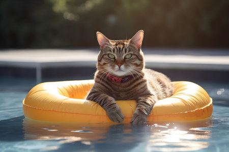 A cute cat wearing sunglasses lying on a float in swimming poolの素材