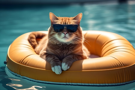 A cute cat wearing sunglasses lying on a float in swimming poolの素材