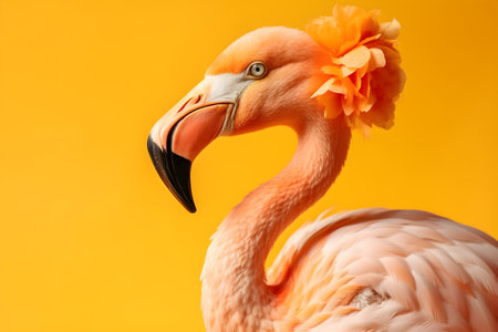 A flamingo with a yellow flower on it with copy space on a yellow background.の素材