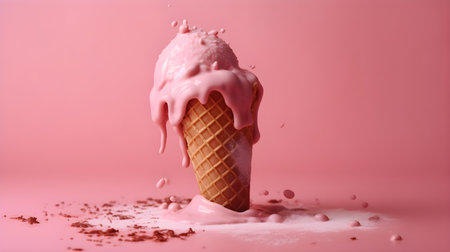 A pink ice cream in a waffle cone with a pink glaze on it on a pink background with copyspaceの素材