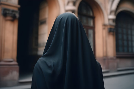 A Muslim woman in a black niqab outfit stands in a courtyard. Ramadan Kareem. Selective focus.の素材