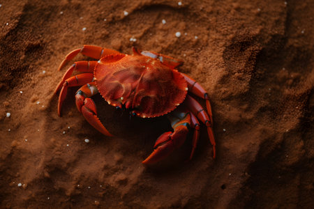 A red crab on the sand surface, close-up, top view.の素材