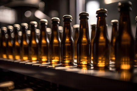 A row of bottles of beer are lined up on a conveyor belt. in brewery factory. Beer production conceptの素材