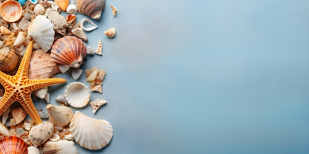 Seashells on blue background with copyspace. Flat lay, top viewの素材